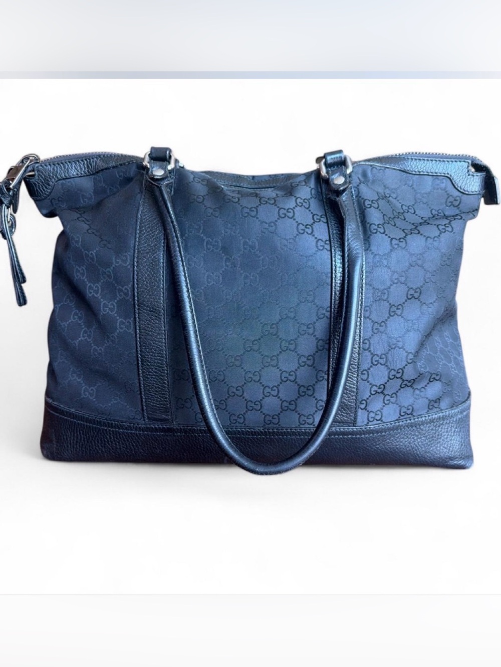 Gucci Black GG Canvas Tote with Leather Trim